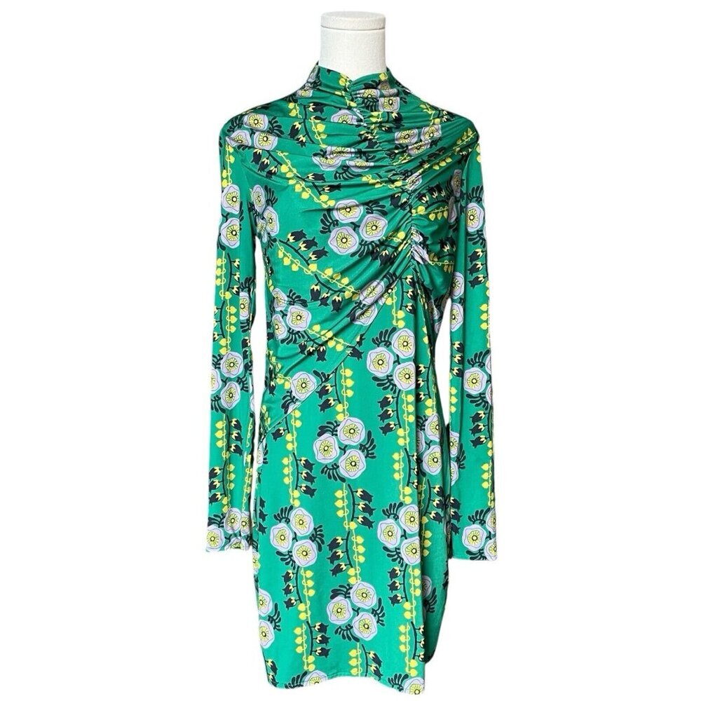 ZARA Mock Neck‎ Midi Dress Sz S Green Floral 70s Drape Ruched Retro Portugal